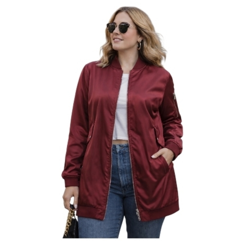 Red Satin Bomber Jacket with Stand-Up Collar atmosphere